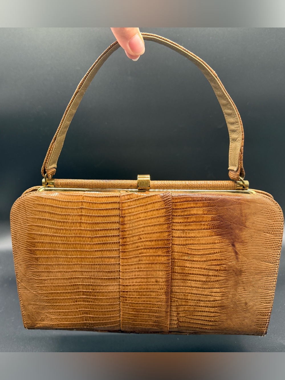 Bellestone Reptile Embossed Leather Handbag Cognac Frame Top Handle Purse Vntg